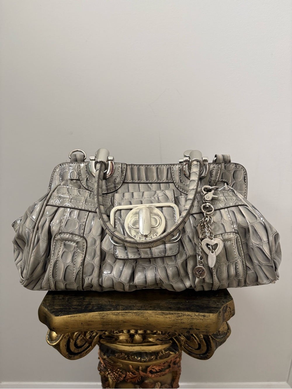 Y2K Guess Silver Croc-Embossed Satchel with Charm Hardware - Picture 5 of 5